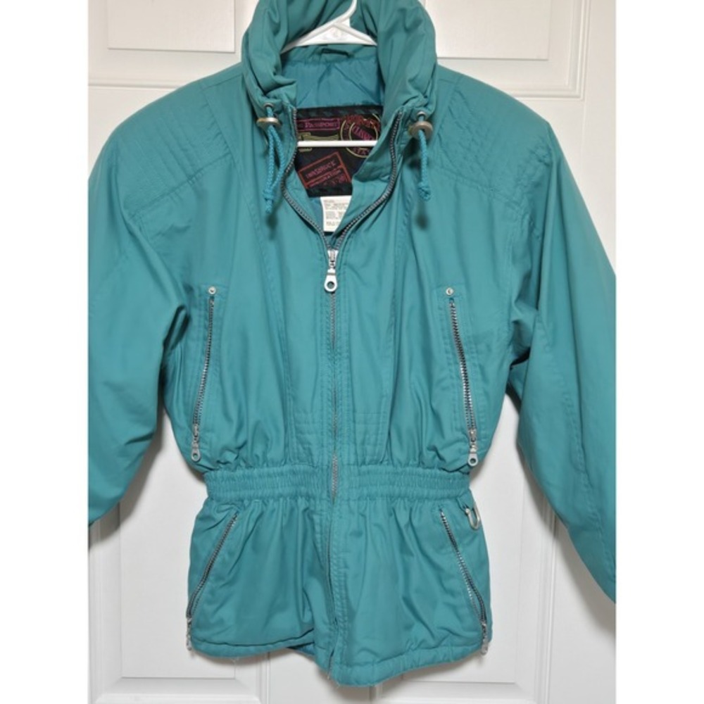 Vtg‎ Womens Ski Winter Jacket Sz XS Teal Blue Embroidery On Back 90s Coat
